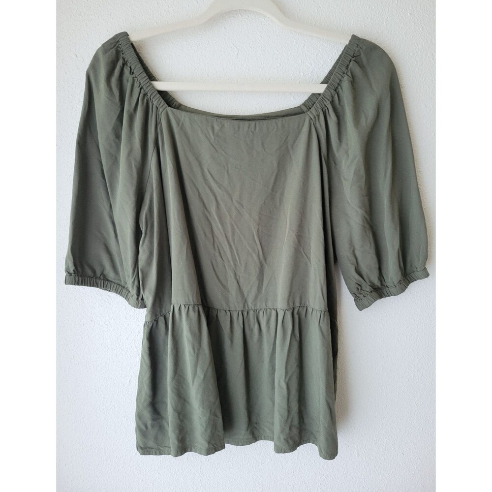 LOFT Outlet Olive Peasant Blouse Womens Medium Square Neck Puff Sleeve Babydoll